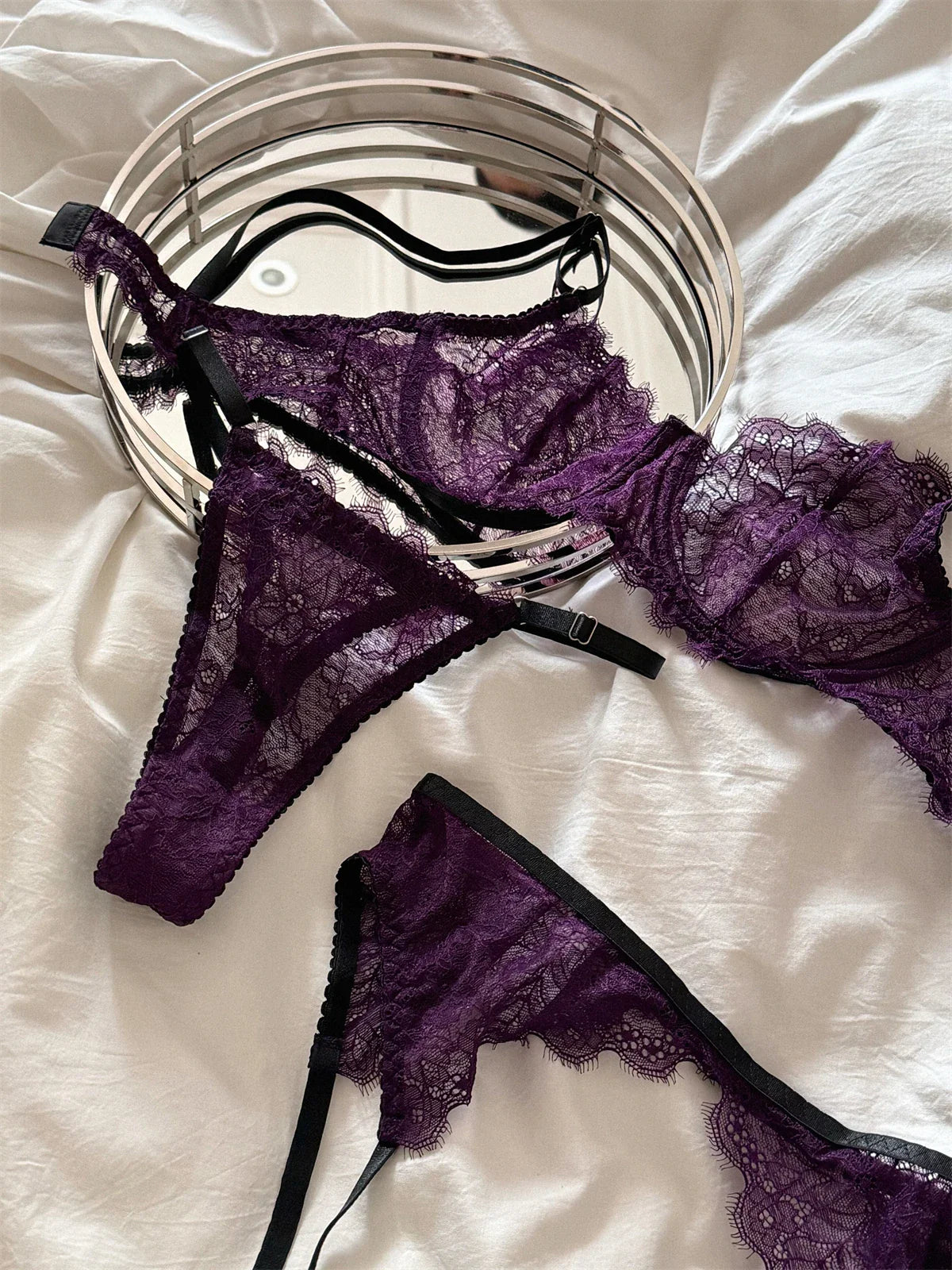 Purple romantic lingerie sexy gathered thin lace women Underwear