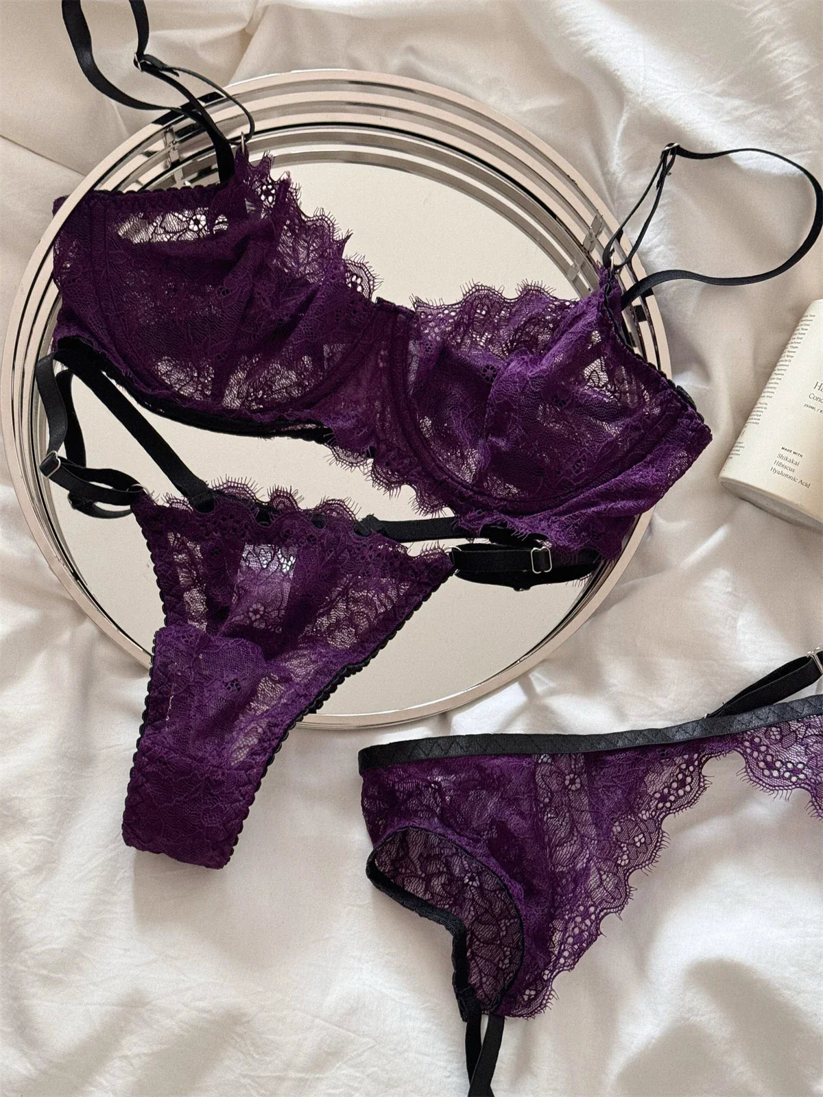 Purple romantic lingerie sexy gathered thin lace women Underwear