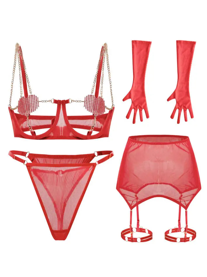 Red-Toned Lingerie Set: Heart-Shaped