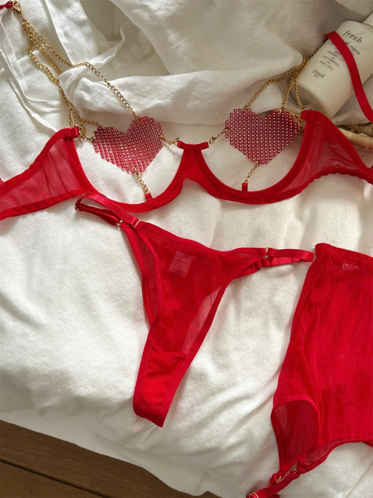 Red-Toned Lingerie Set: Heart-Shaped