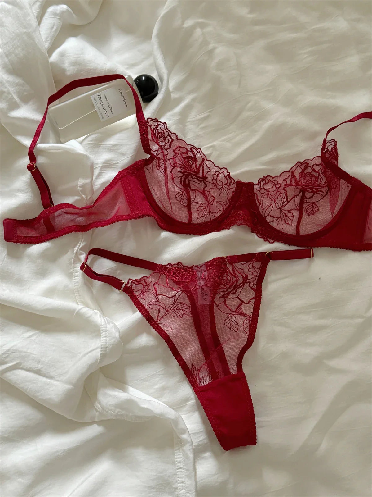 Red flowers embroidered sexy lingerie women large size niche thin lace upturned bra suit Underwear