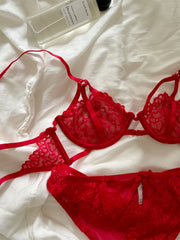 Red hollow sexy lingerie with breifs suit women thin lace sexy upturned bra suit Underwear