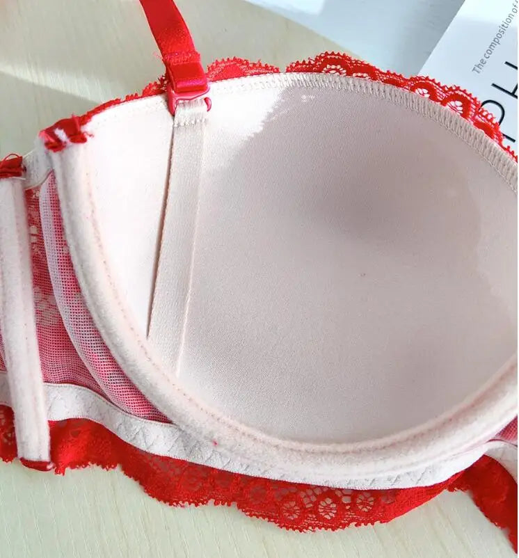 Removable double straps sexy lace gathered soft steel ring bra