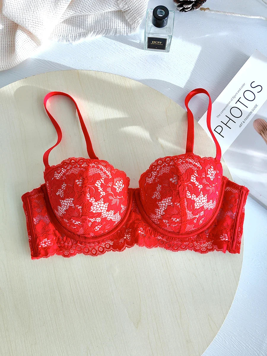 Removable double straps sexy lace gathered soft steel ring bra