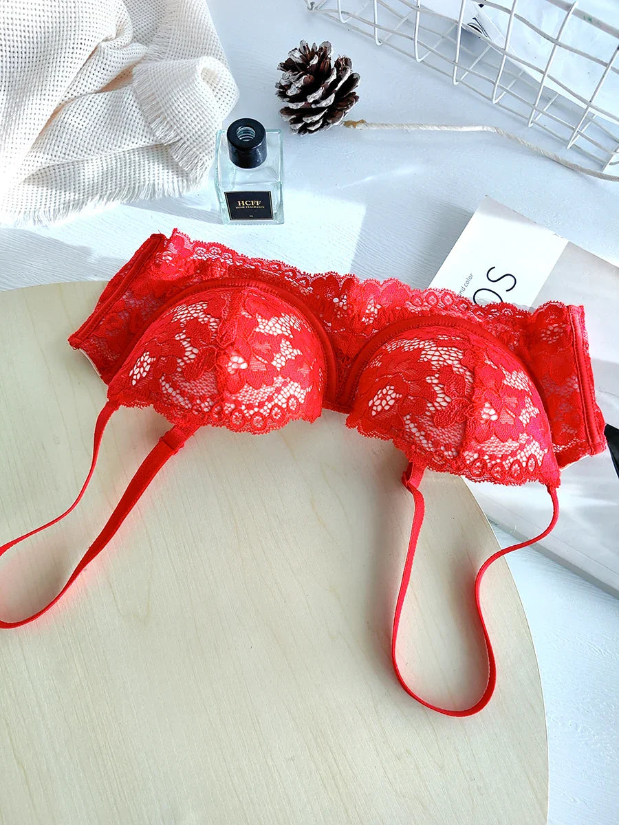 Removable double straps sexy lace gathered soft steel ring bra