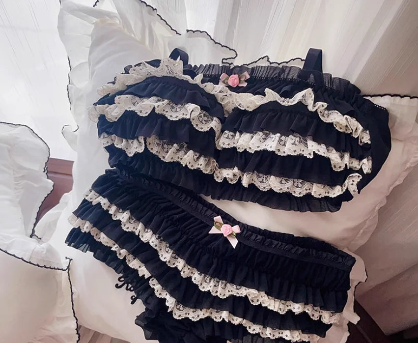 Retro Cake-Style Lingerie with Panties Ruffled Lace Sweet & Sexy Cute Bra-Free Underwear