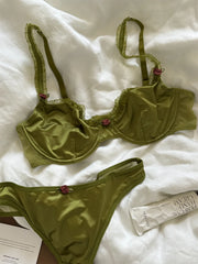 Retro Green Court Silk Floral Lingerie Set