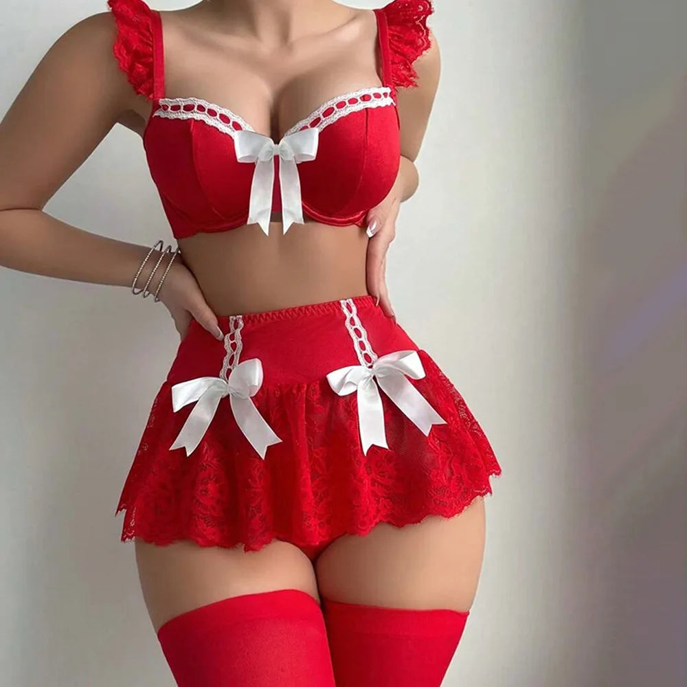 Romantic Ladies Bow Bra Sheer Lace Mini Skirt Teen Sissy Bra Set