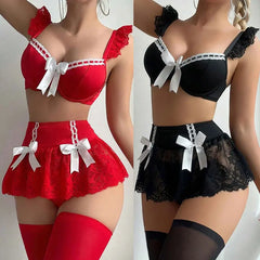 Romantic Ladies Bow Bra Sheer Lace Mini Skirt Teen Sissy Bra Set