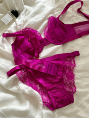 Rose red sexy lingerie with underpants niche thin lace sexy upturned bra suit Underwear