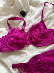 Rose red sexy lingerie with underpants niche thin lace sexy upturned bra suit Underwear