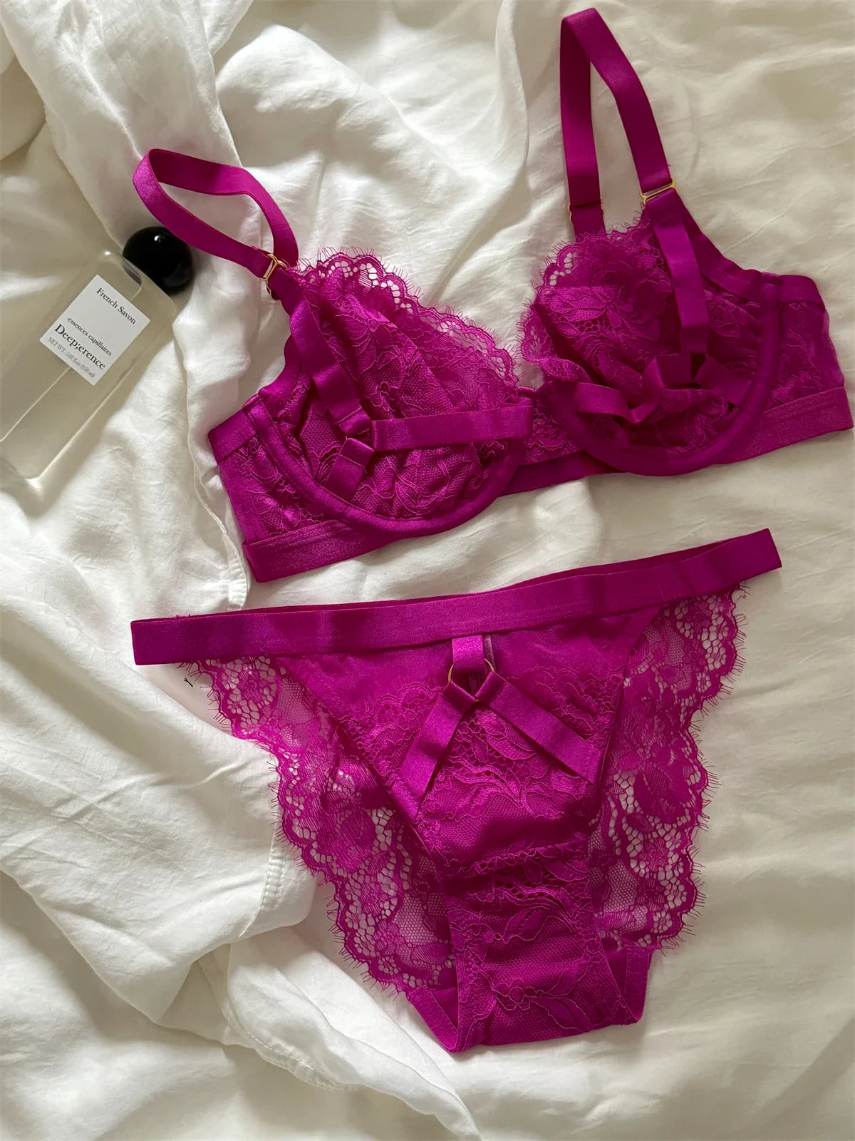 Rose red sexy lingerie with underpants niche thin lace sexy upturned bra suit Underwear