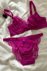 Rose red sexy lingerie with underpants niche thin lace sexy upturned bra suit Underwear