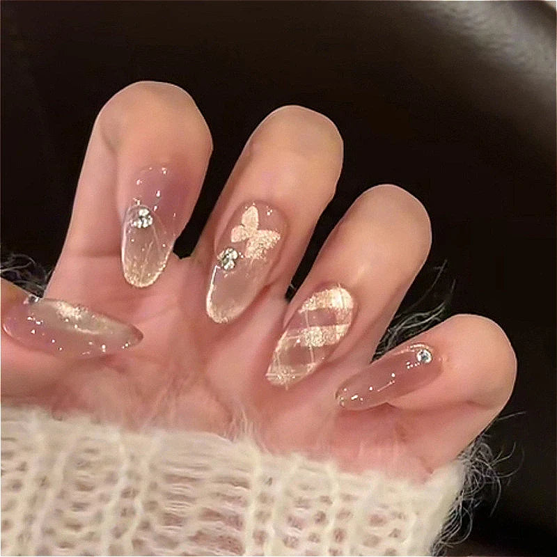 24Pcs Mid-length Almond Ballet False Nails Simple Cat Eye Design Press on Fake Nail Wearable Full Cover Nail Tips Manicure Tools