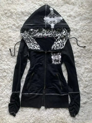 Y2k Harajuku Retro Leopard Black Sportswear Hip Hop Slim Fit Spicy Girl Retro Multi Functional Hoodie Gothic Punk Zipper Hoodie