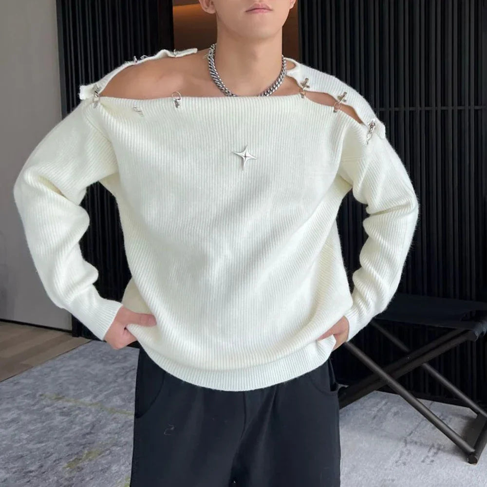 Mens Sweater Buckle Off-Shoulder Sweater Streetwear Youth Campus Versatile Long-Sleeved Top Clothing New