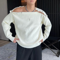 Mens Sweater Buckle Off-Shoulder Sweater Streetwear Youth Campus Versatile Long-Sleeved Top Clothing New