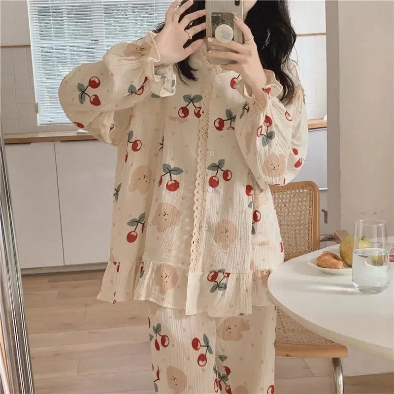 Princess Style Plus Size Student Nightwear Ladies Sweet Breathable Crew Neck Sleepwear Loungewear