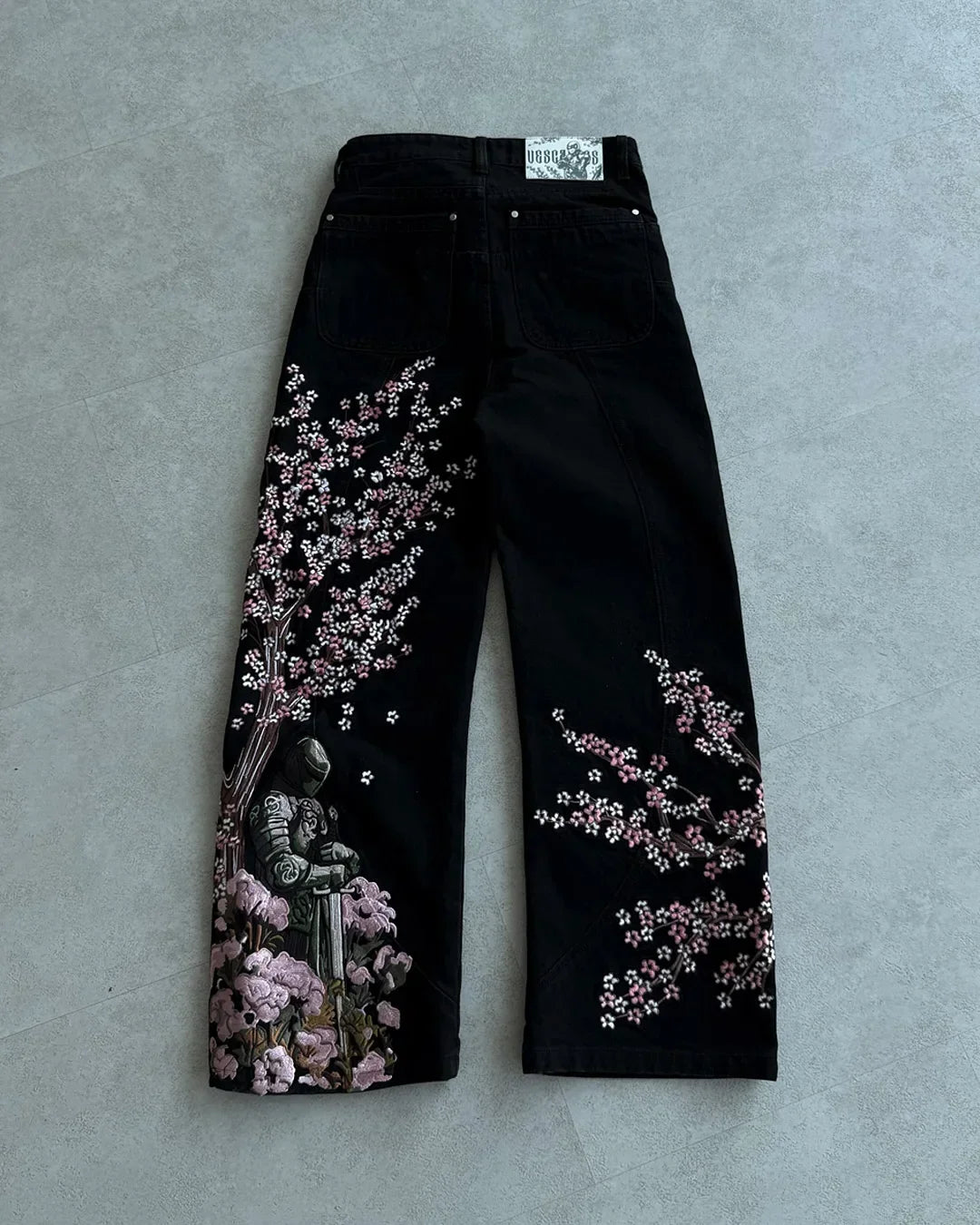 American Retro Patchwork Knight Cherry Blossom Denim Pants Y2k Vintage Baggy Straight Wide Leg Jeans Street Clothes