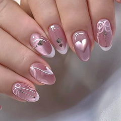 24Pcs Blue Almond Press on Nails with 3D Pearl Design Mid-length Oval False Nails Tips Bow Pattern Wearable Fake Nail