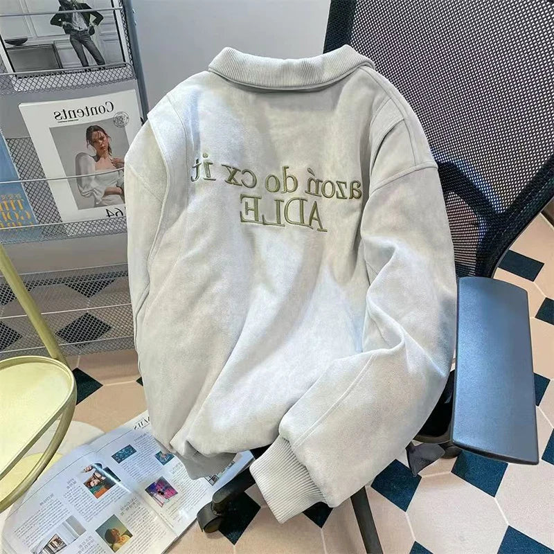 Letter Embroidery Baseball Jacket Y2K American Loose Streetwear Casual Coats Bf Plush Thick Warm Zipper Outerwear