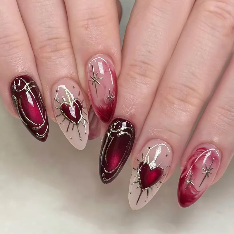 24pcs Golden Lines Patterns False Nails Dark Purple Blush French Fake Nails