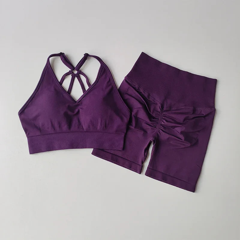 2 Pcs Yoga Sets High Waist Workout Outfits Gym Wear Gym Clothing Sports Suits Fitness Tracksuit Sportswear Shorts Suit