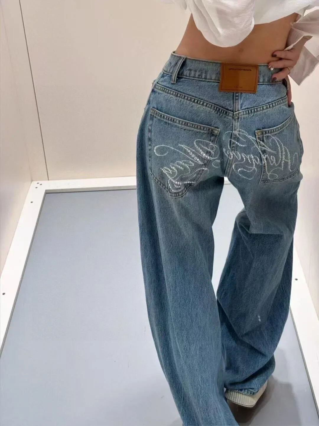 Gradient Blue Jeans Y2K Vintage High Waisted Jeans Straight Streetwear Loose Large Wide Leg Denim Pants