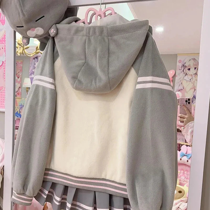 Japan Subculture Hooded Sweatshirt Single Breasted Long Sleeve Patchwork Coat Preppy Style Sweet Fall Casual Outwear
