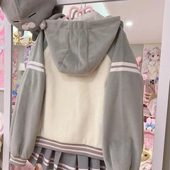 Japan Subculture Hooded Sweatshirt Single Breasted Long Sleeve Patchwork Coat Preppy Style Sweet Fall Casual Outwear