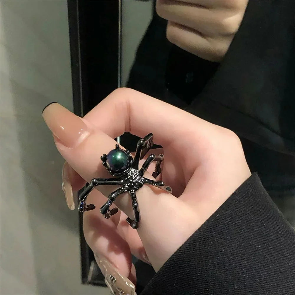 Punk Dark Spider Open Ring Retro Moonstone Black Ring