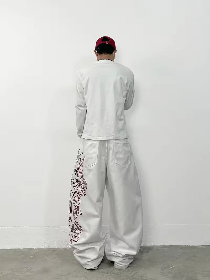 Unisex White Red Tribal Flame Print Loose Wide Leg Jeans Y2K Grunge Streetwear Oversized Denim Pants
