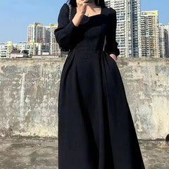 Early Long Dress Elegant French Hepburn Style Slimming Black Long Sleeve Dress Sale Of The Season