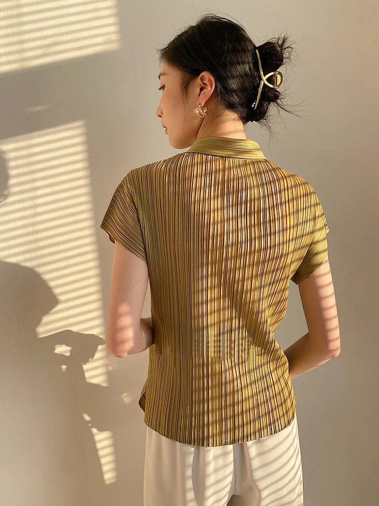 Miyake Pleated Cardigan Single Breasted Short Sleeve Polo Shirt Korean Causal Comfortable Clothing