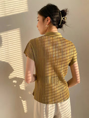Miyake Pleated Cardigan Single Breasted Short Sleeve Polo Shirt Korean Causal Comfortable Clothing