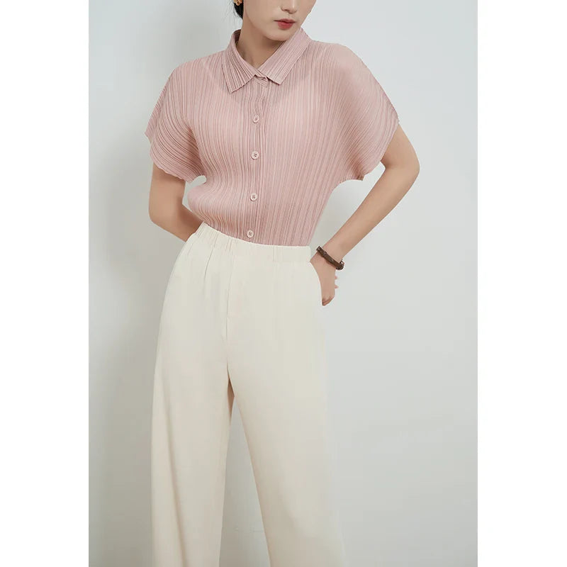 Miyake Pleated Cardigan Single Breasted Short Sleeve Polo Shirt Korean Causal Comfortable Clothing