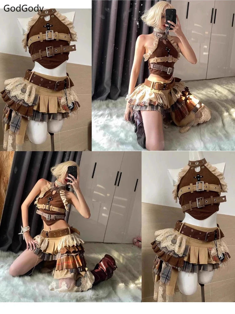 Vintage Elegant Y2K 2 Piece Sets Punk Gothic Strapless Crop Tops +High Waist Ruffle Skirt Party Outfits