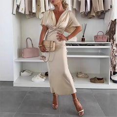 Satin Dress Batwing Short Sleeve Wrap V-neck Twist Bodycon Midi Long Dresses Party High Street Dresses
