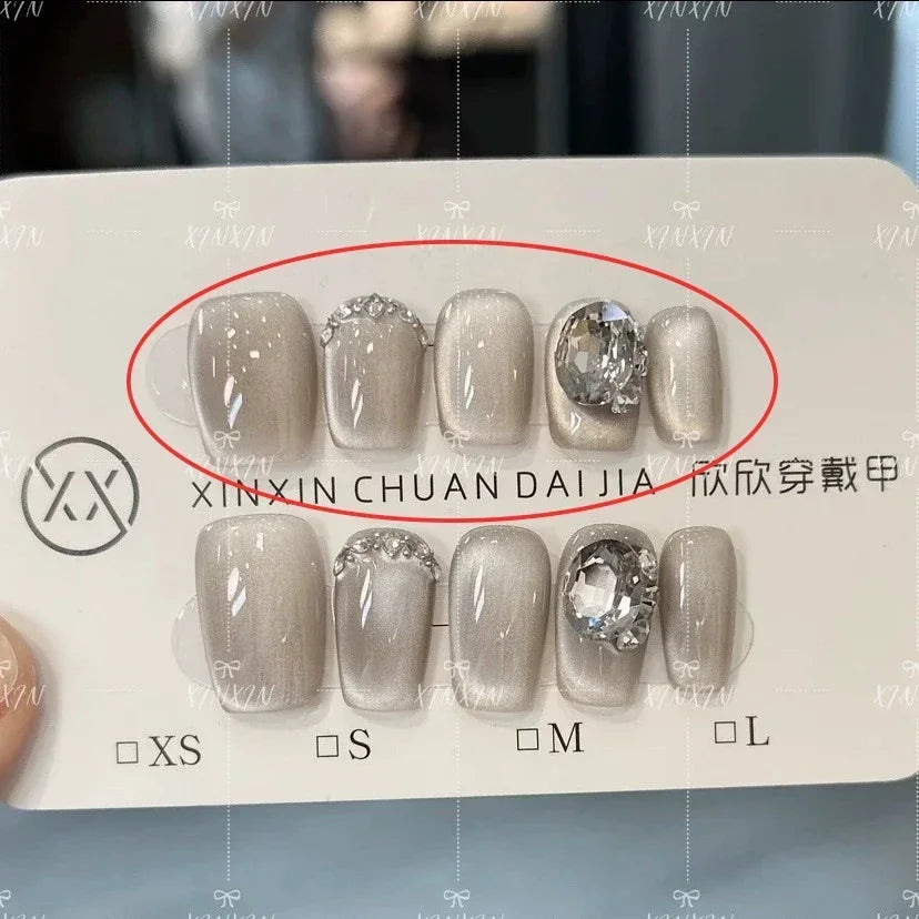 Beauty Colorful Short Square Round Detachable Manicure Kawaii Cat Eyes Glitter Sequins Rhinestone Handmade Full Cover Nail Tips