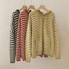 Oversized Knitted Striped Hooded Cardigan Loose Casual Zipper Sweaters Versatile Knitting Outerwear