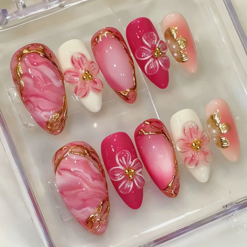 24PCS Simple Ins Dark Pink Blush 3D Flower Almond False Nails with Glue Leopard Print French Spice Girls Fake Nail Tips Press On