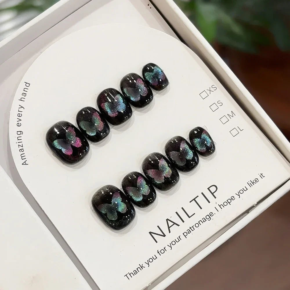 10Pcs Handmade Nude Color Press On Nails Sparkling Cat-Eye Cherry Star Marine Elements Sequins Cute Girlish Nail Suitable