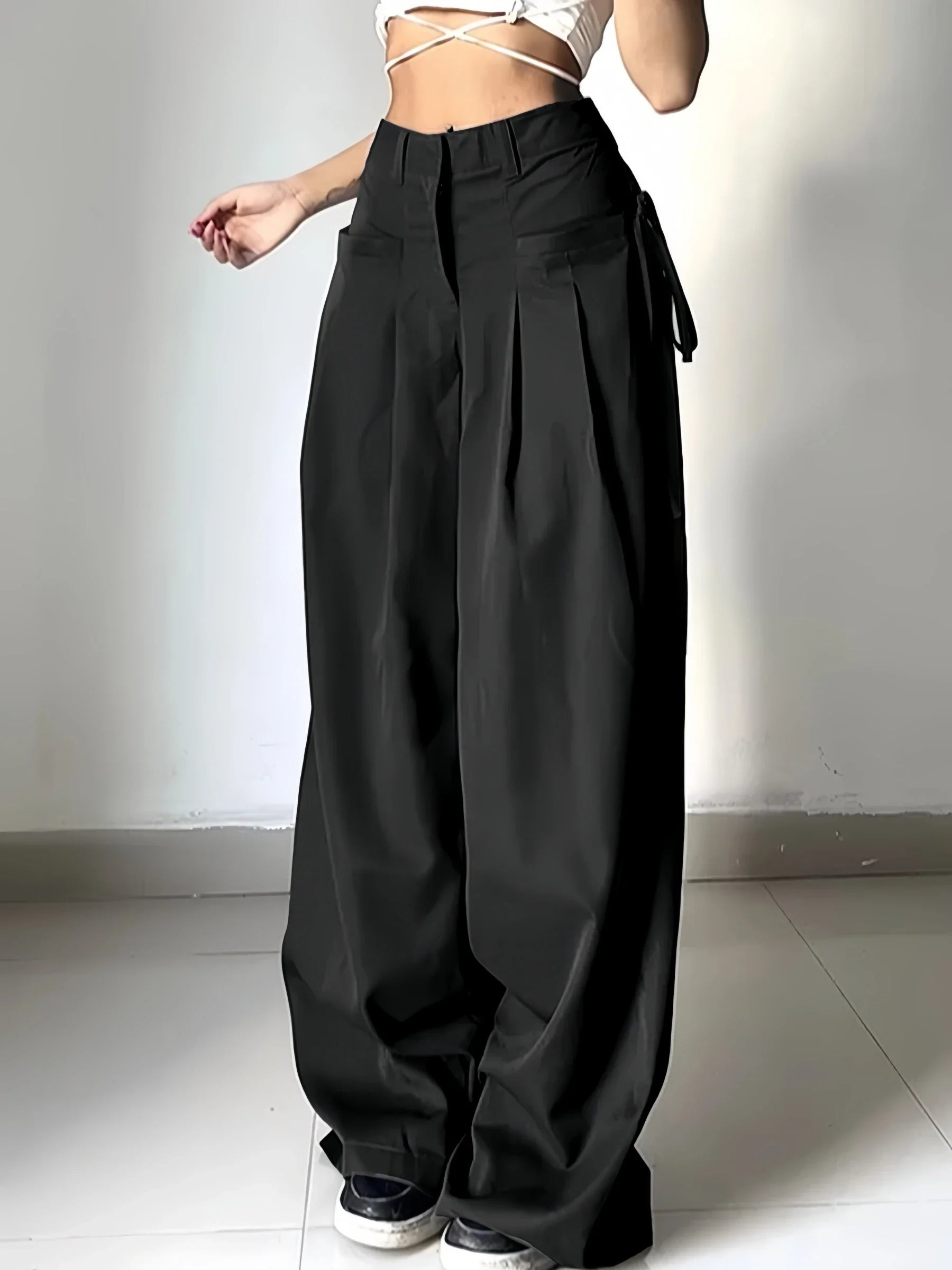 Black High Waist Wide Leg Suit Pants Pleated Front Side Tie Detail Loose Fit Casual Streetwear Trousers