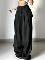 Black High Waist Wide Leg Suit Pants Pleated Front Side Tie Detail Loose Fit Casual Streetwear Trousers