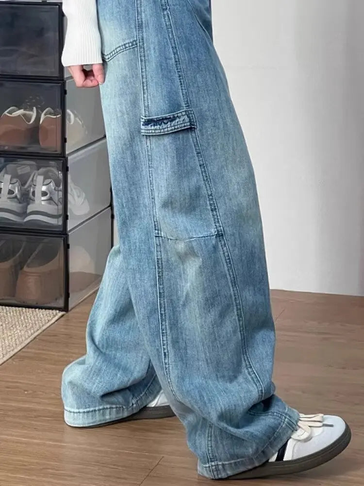 Women' Curved Straight Wide Leg Light Blue Jeans Young Girl Denim Trousers Vintage Street Style Bottoms High Waisted Pant