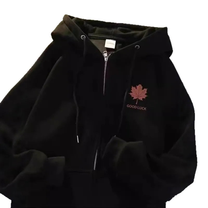 Style Maple Leaf Print Unisex Oversized Versatile Zipper Casual Outerwear Polyester Comfortable Leisure Coat