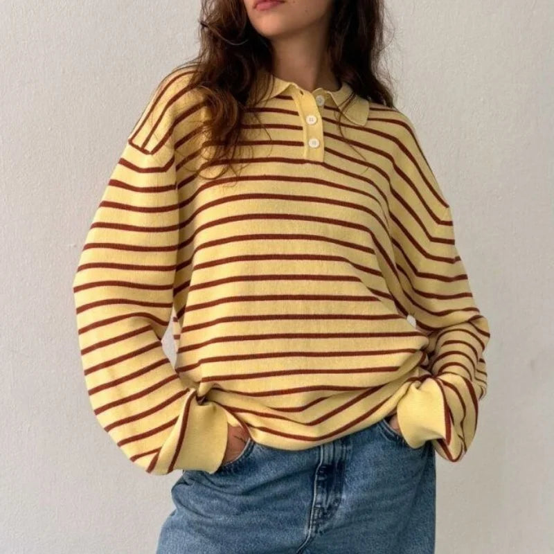 y2k Vintage Rib Knitted Striped Collared Sweater Loose Long Sleeve Pullover Knit Tops Casual Sweatirt Clothes
