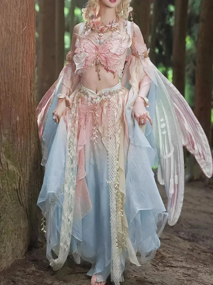 Pink Butterfly Theme Exotic Dunhuang Feitian Hanfu Western Ethnic Style Heavy Embroidery Fairy Suit Role-playing Costume