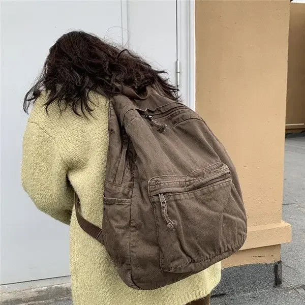Vintage Backpack Preppy Style Cotton Unisex Softback Zipper Casual High-Capacity Bookbag Euro-America Style
