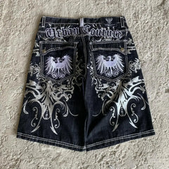 Streetwear American Denim Shortss Hip Hop Embroidery Printed Loose Shorts Gothic Retro Casual Basketball Shorts